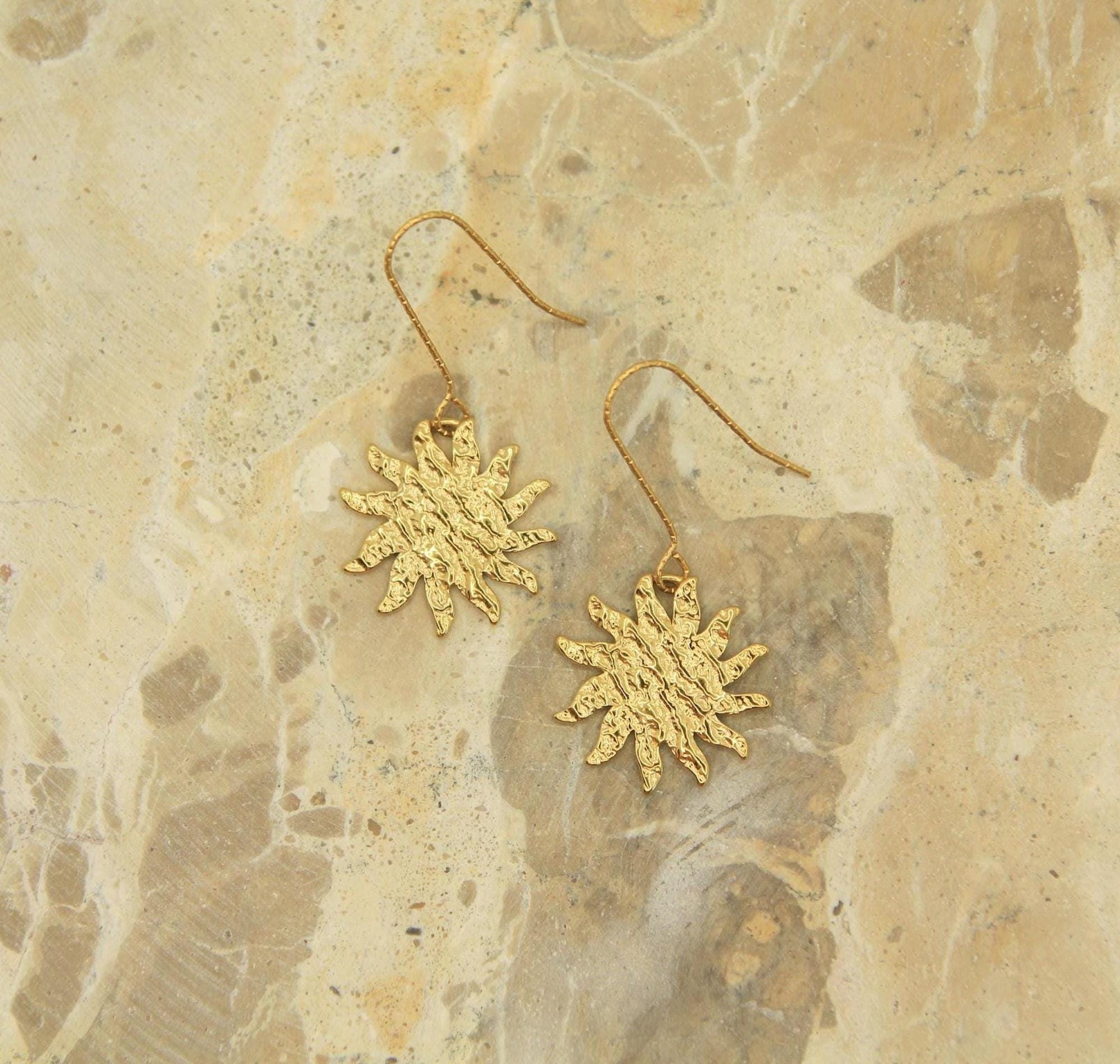 Textured Gold Sunburst Earrings | Statement Sun Drop Earrings | Hypoallergenic Hooks
