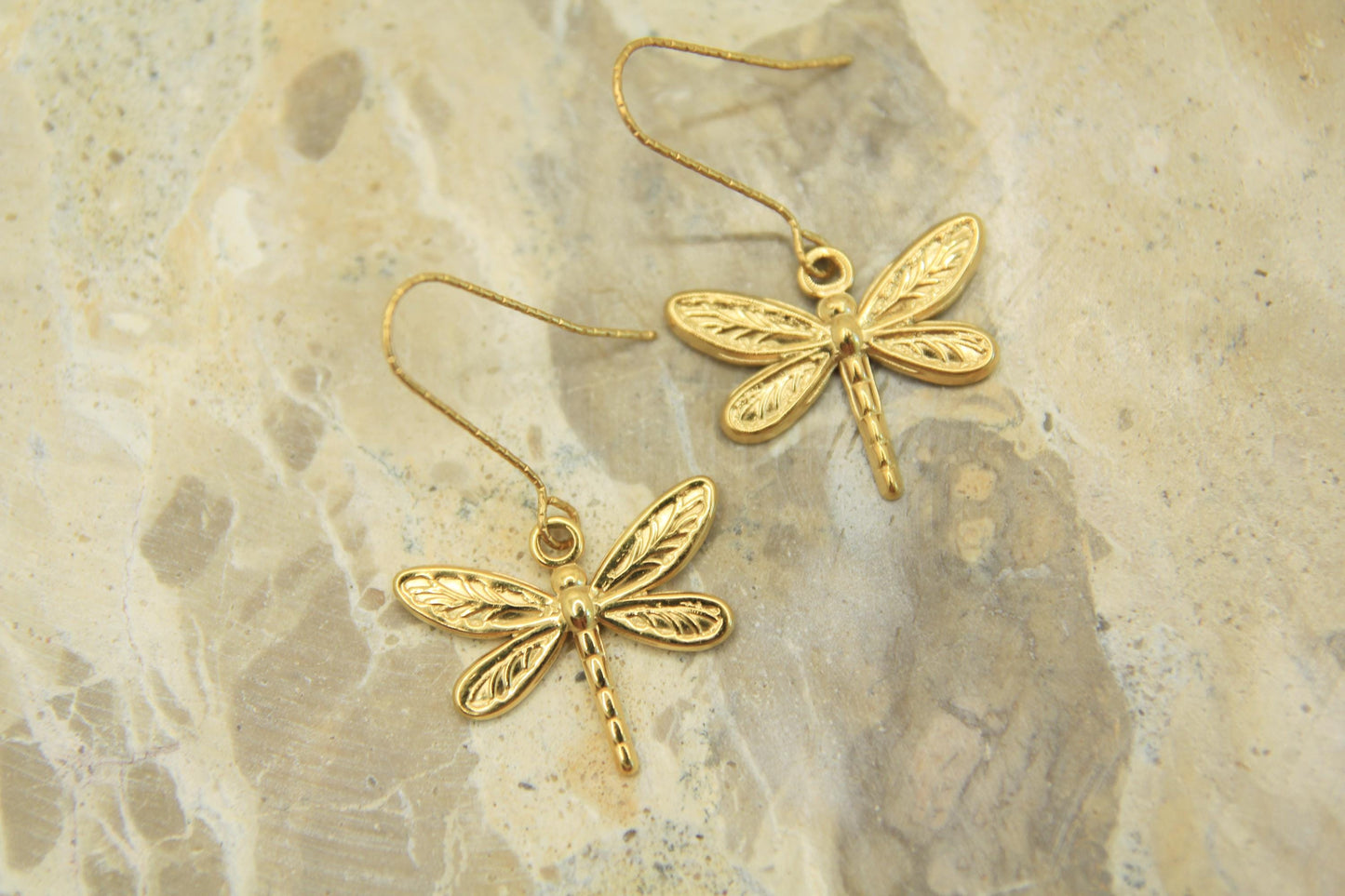 Gold Dragonfly Charm Earrings | Textured Nature Drop Earrings | Hypoallergenic Hooks
