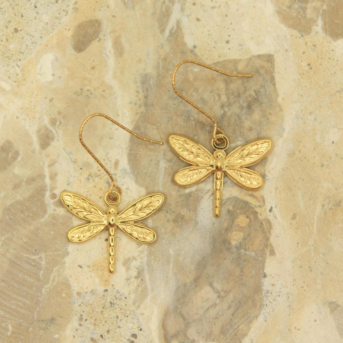 Gold Dragonfly Charm Earrings | Textured Nature Drop Earrings | Hypoallergenic Hooks