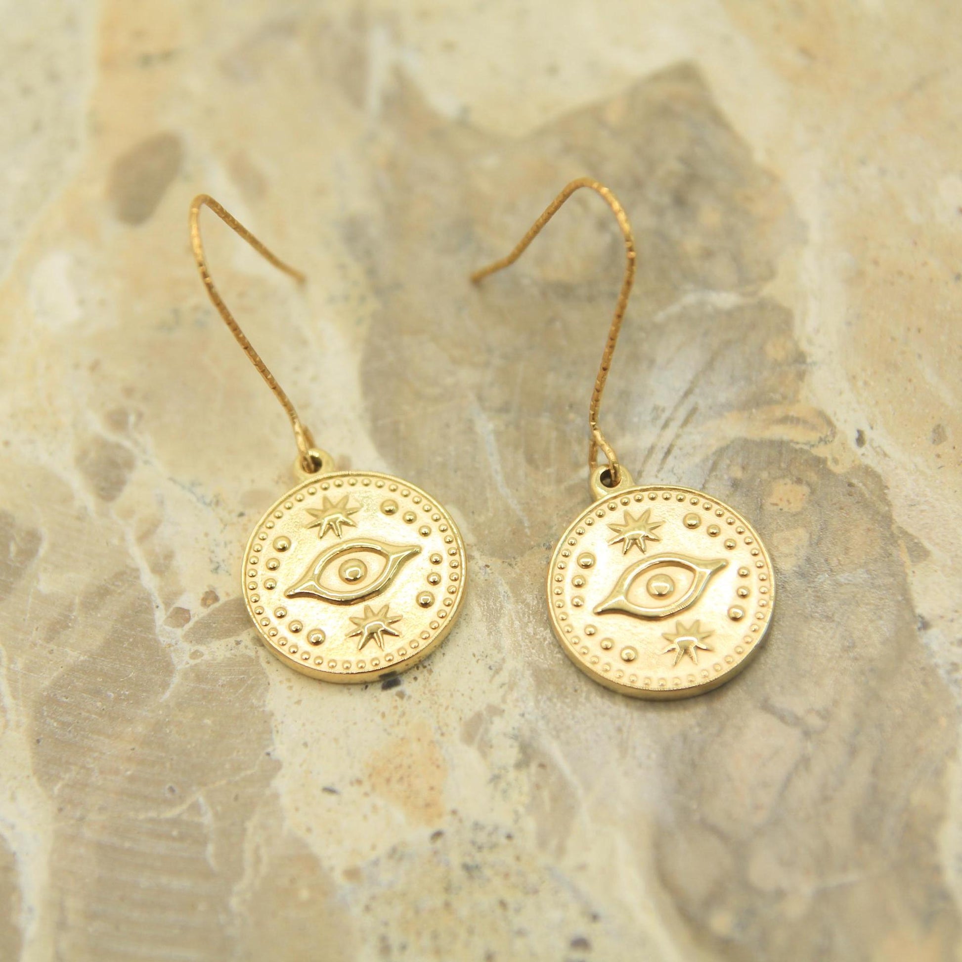 Gold Evil Eye Coin Earrings | Celestial Star Charm Earrings | Hypoallergenic Hooks