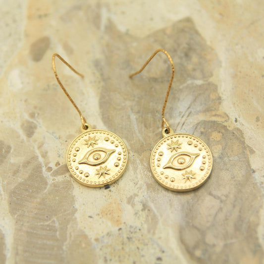 Gold Evil Eye Coin Earrings | Celestial Star Charm Earrings | Hypoallergenic Hooks