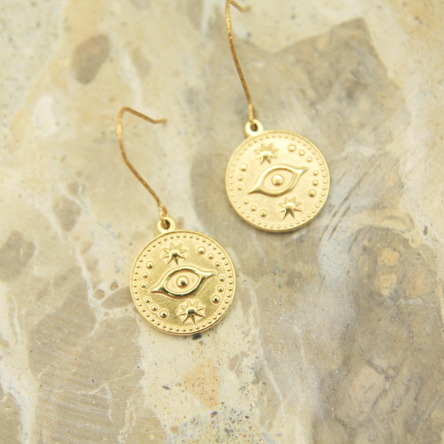 Gold Evil Eye Coin Earrings | Celestial Star Charm Earrings | Hypoallergenic Hooks