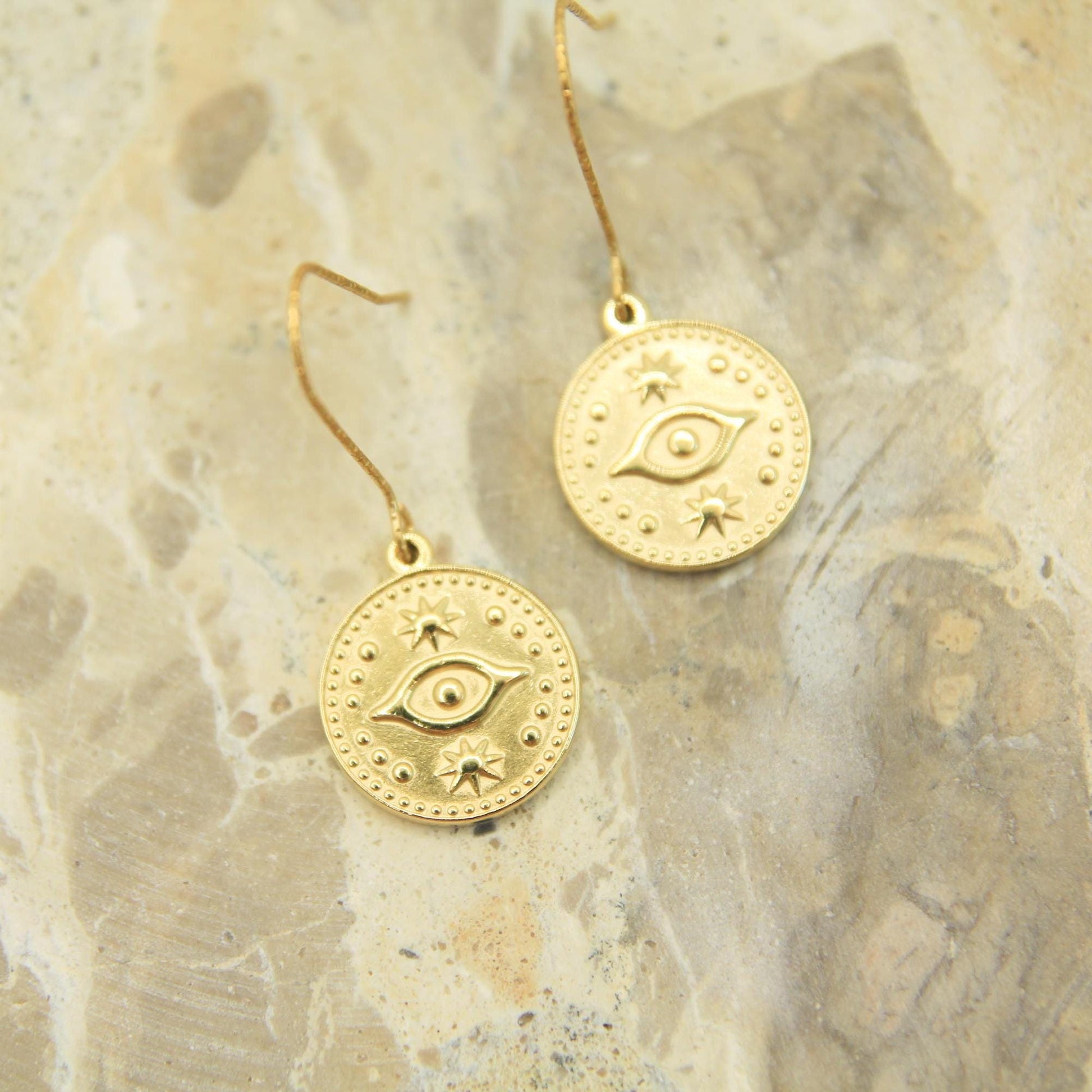Gold Evil Eye Coin Earrings | Celestial Star Charm Earrings | Hypoallergenic Hooks
