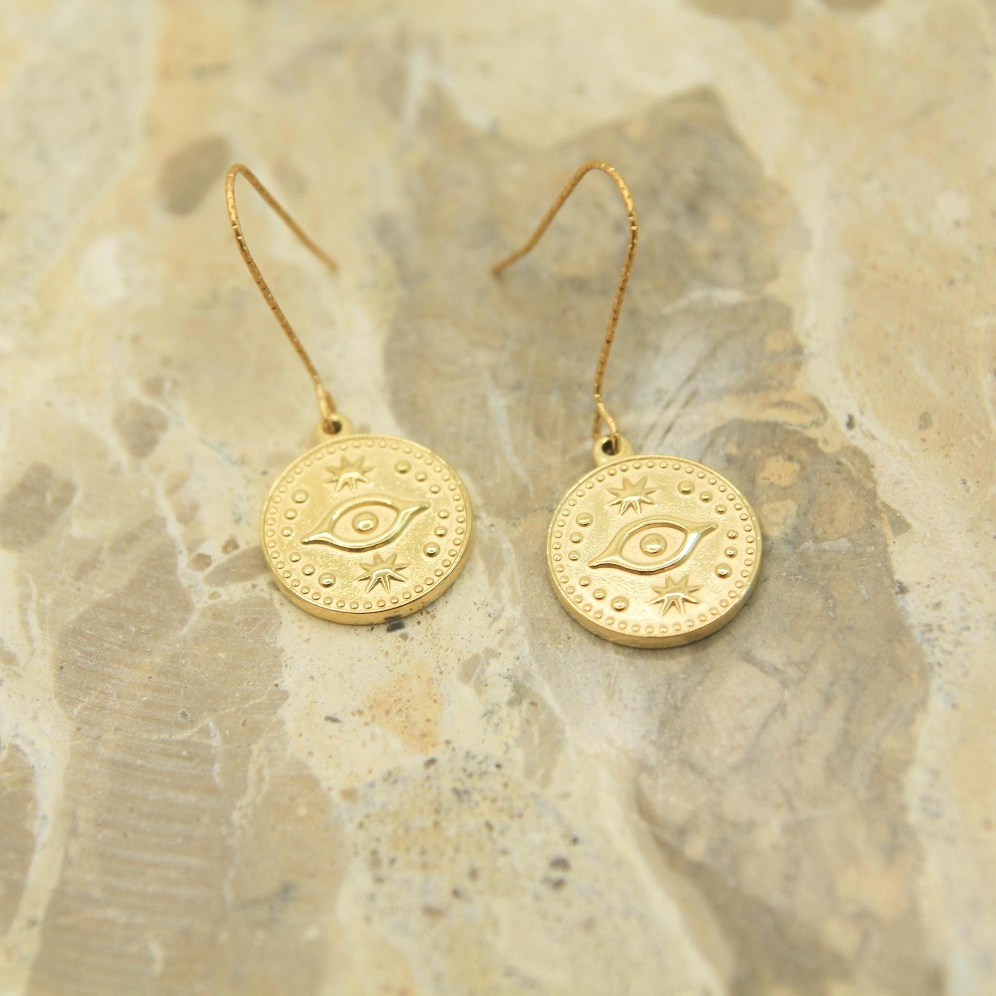 Gold Evil Eye Coin Earrings | Celestial Star Charm Earrings | Hypoallergenic Hooks