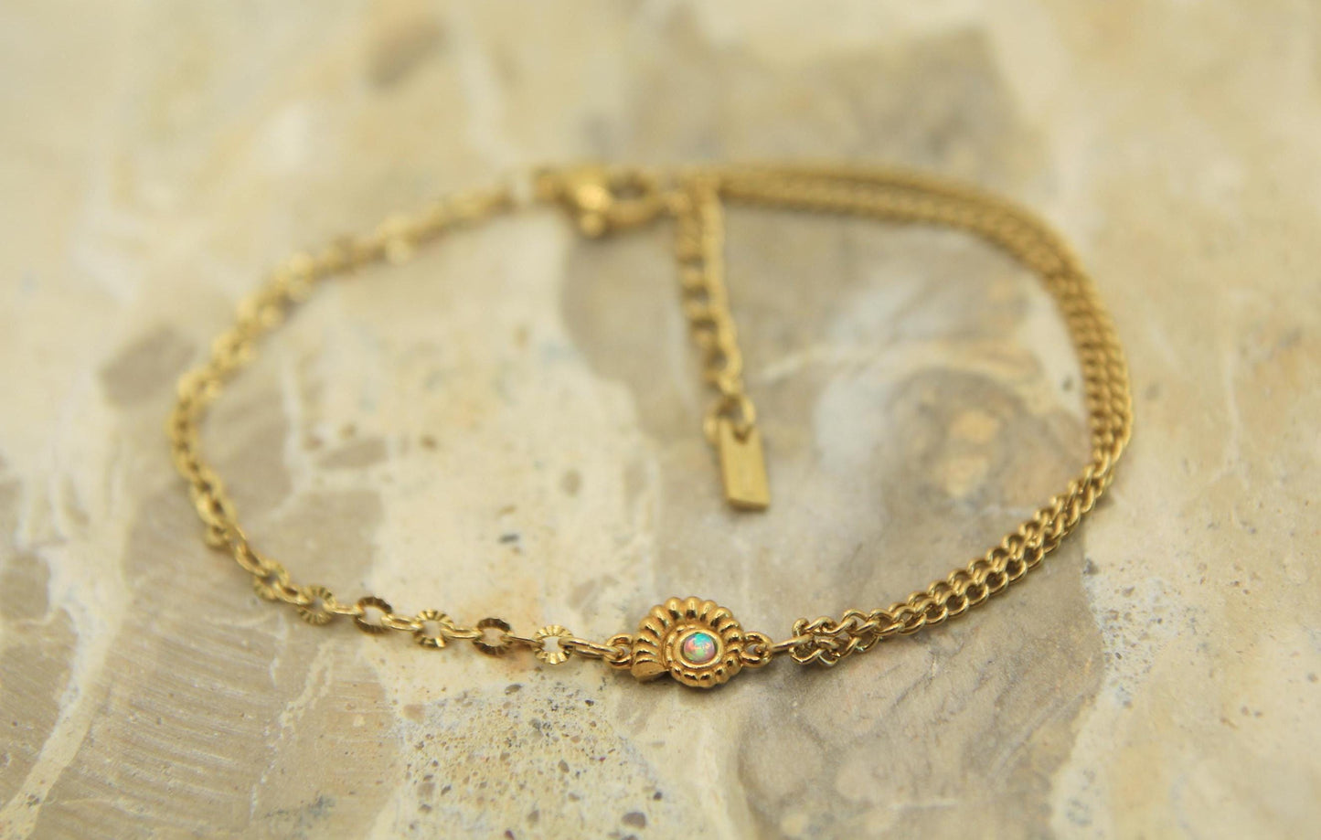 Gold Opal Nautilus Shell Charm Bracelet | Layered Chain Bracelet | Adjustable