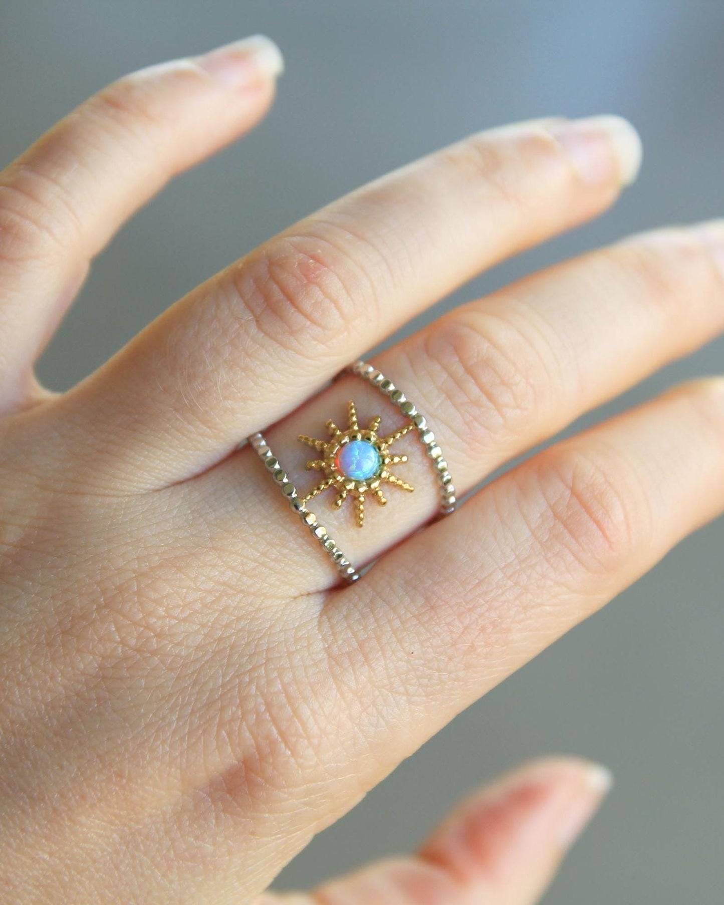 Two Tone Opal Starburst Ring | Adjustable Beaded Band | Gold & Silver
