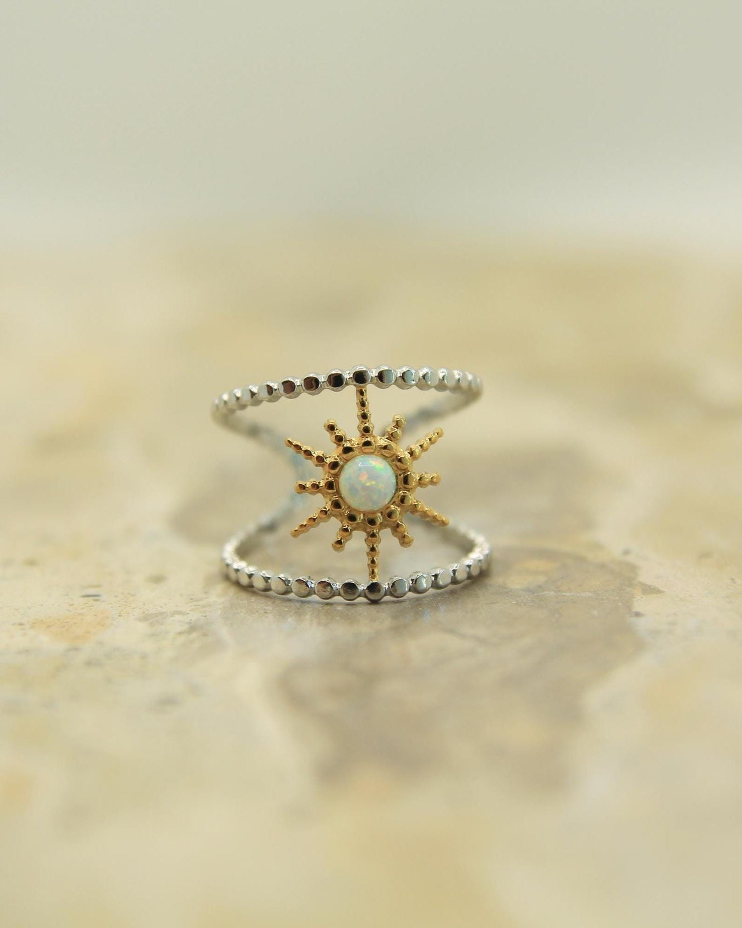 Two Tone Opal Starburst Ring | Adjustable Beaded Band | Gold & Silver