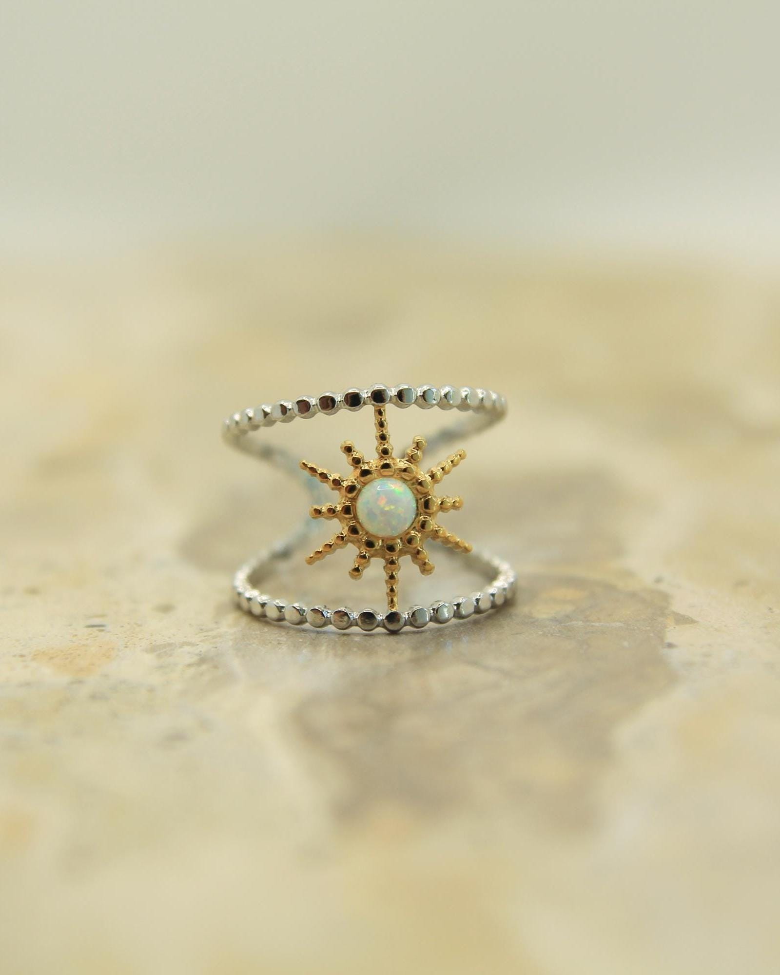 Two Tone Opal Starburst Ring | Adjustable Beaded Band | Gold & Silver
