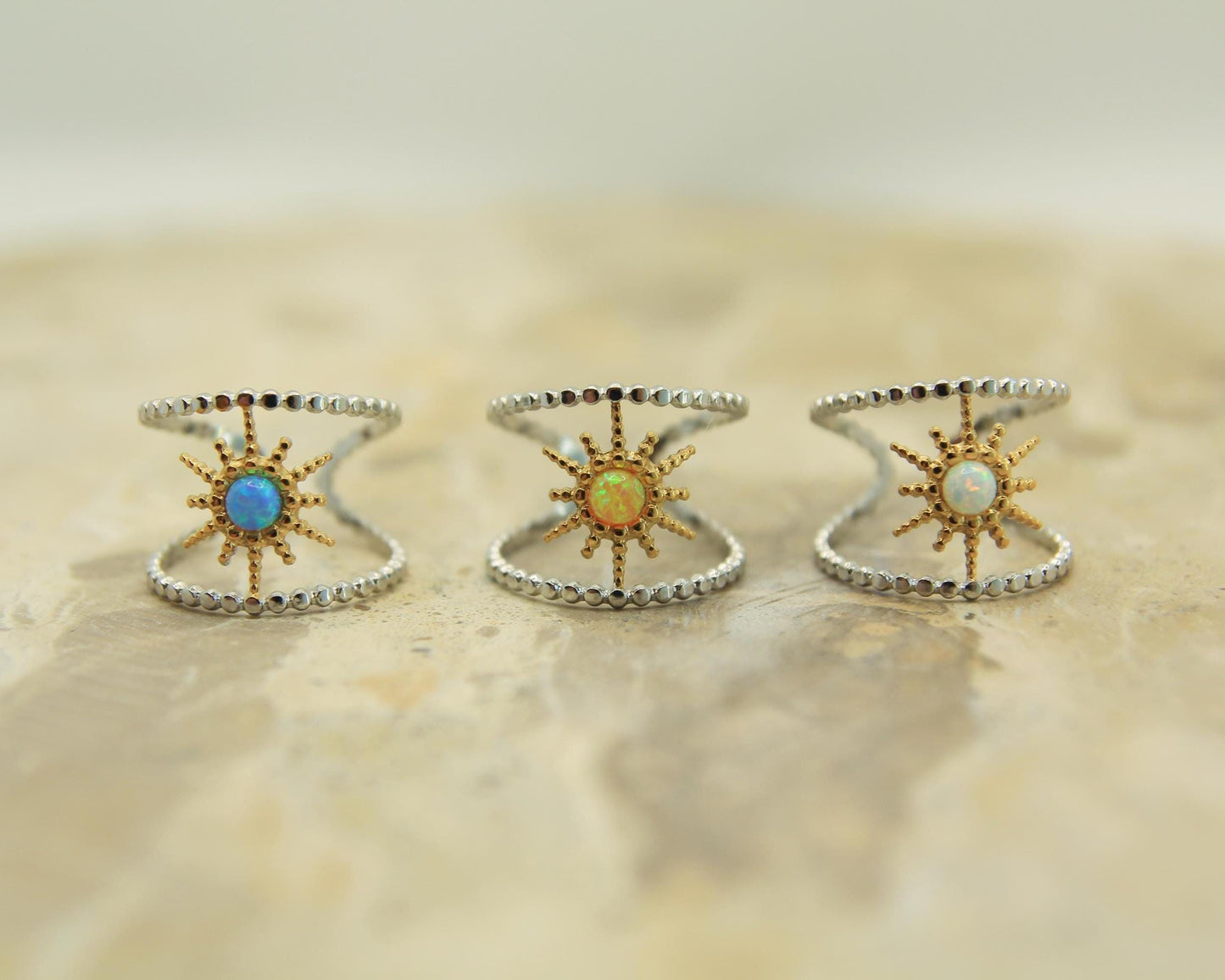 Two Tone Opal Starburst Ring | Adjustable Beaded Band | Gold & Silver