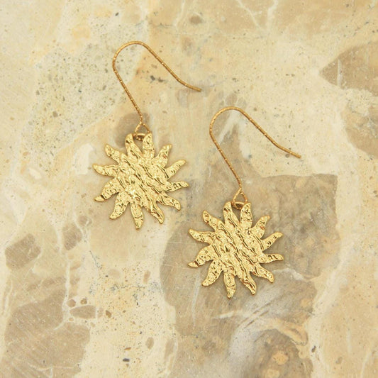 Textured Gold Sunburst Earrings | Statement Sun Drop Earrings | Hypoallergenic Hooks