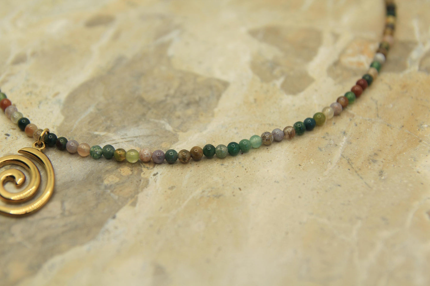 Genuine Gemstone Beaded Necklace | Gold Spiral Pendant | Boho Choker