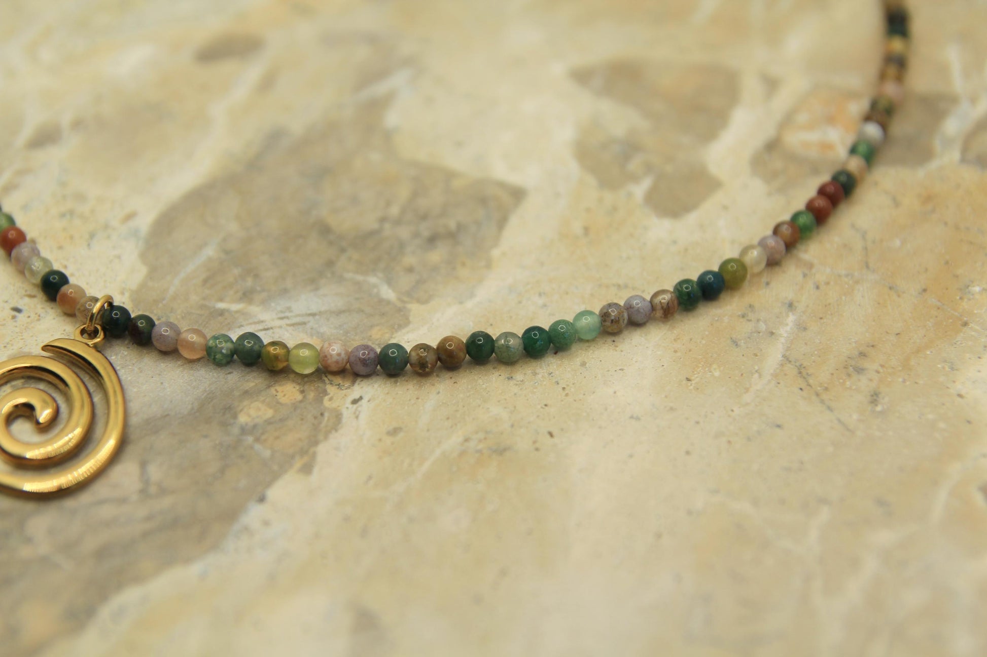 Genuine Gemstone Beaded Necklace | Gold Spiral Pendant | Boho Choker