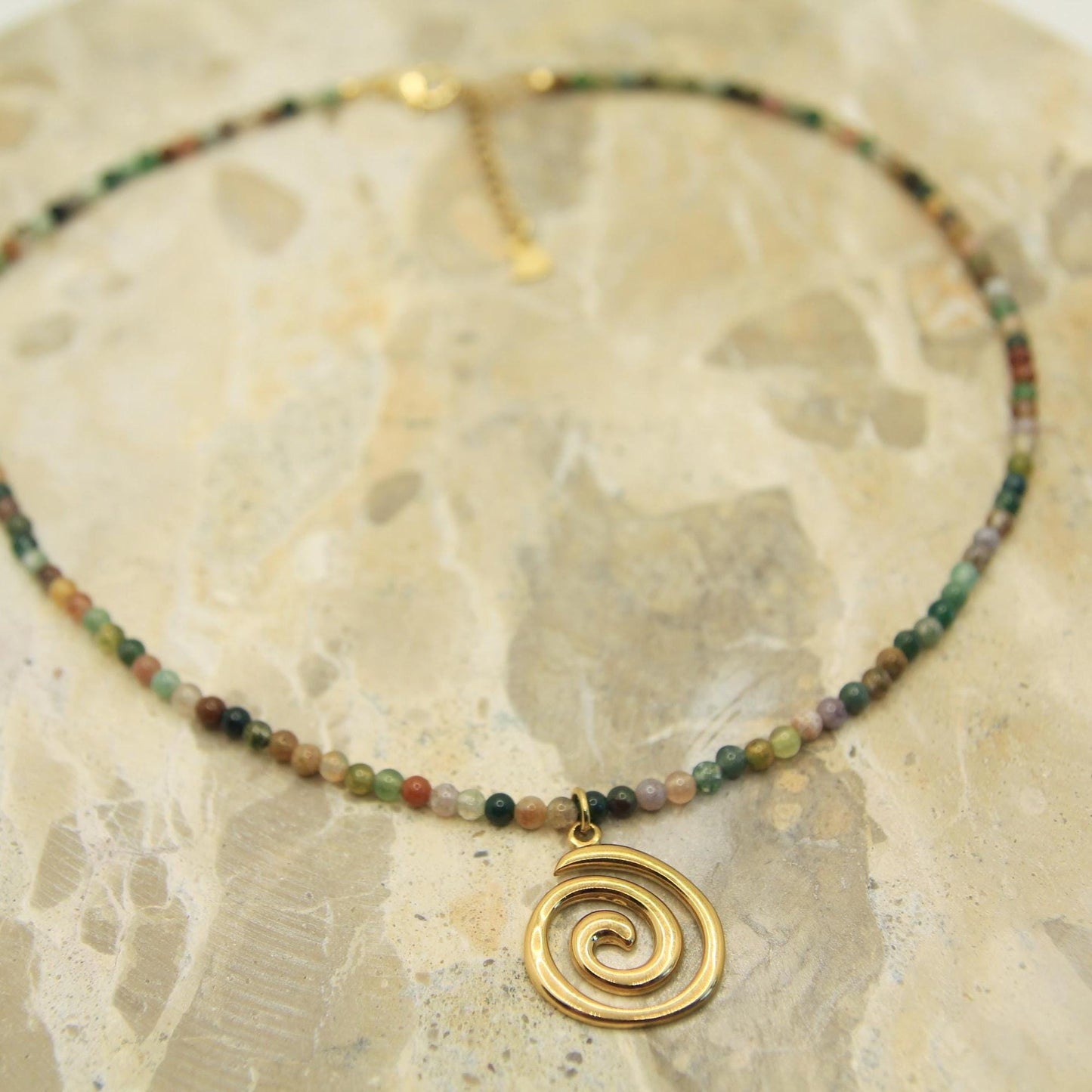 Genuine Gemstone Beaded Necklace | Gold Spiral Pendant | Boho Choker