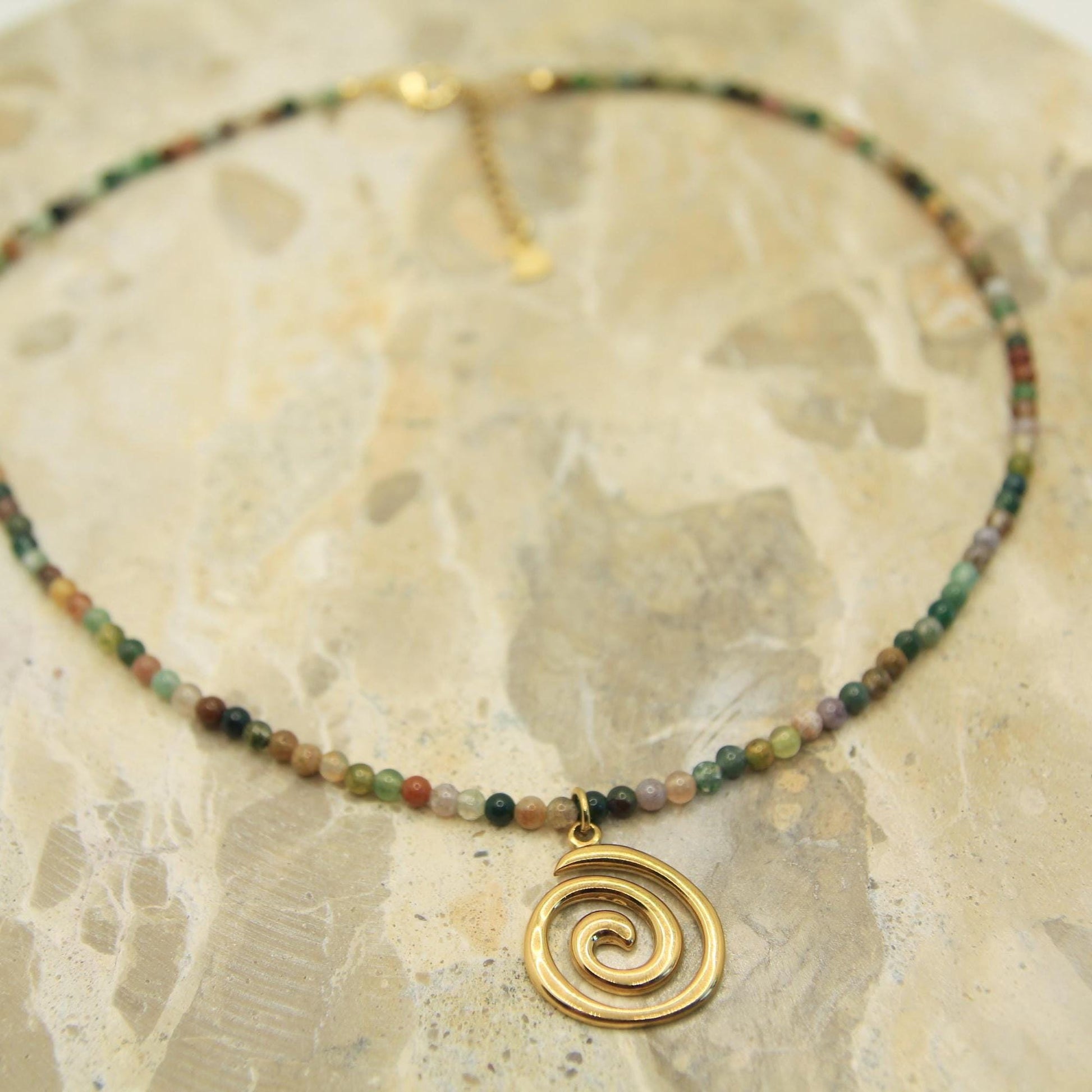 Genuine Gemstone Beaded Necklace | Gold Spiral Pendant | Boho Choker