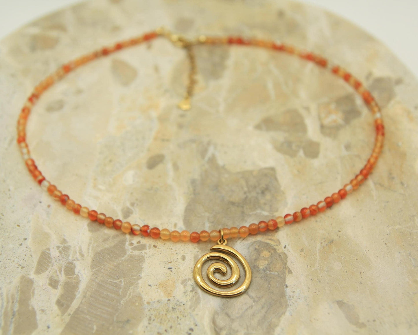 Genuine Gemstone Beaded Necklace | Gold Spiral Pendant | Boho Choker