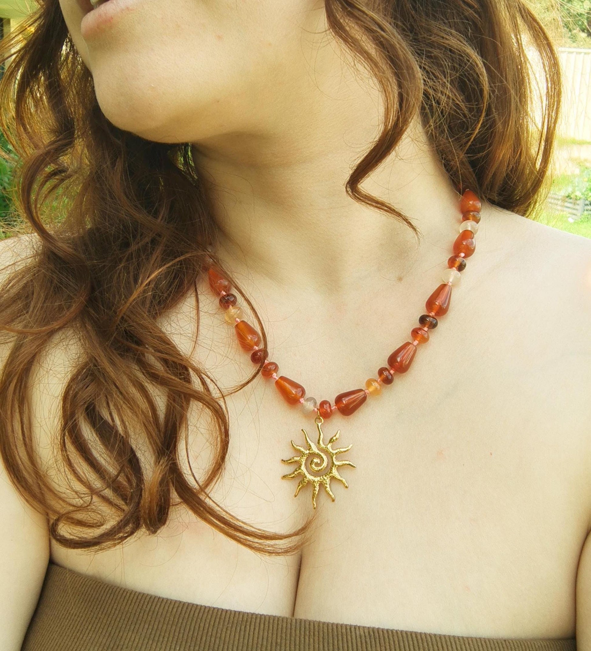 Genuine Gemstone Beaded Necklace | Gold Sun Spiral Pendant | Boho Statement Necklace