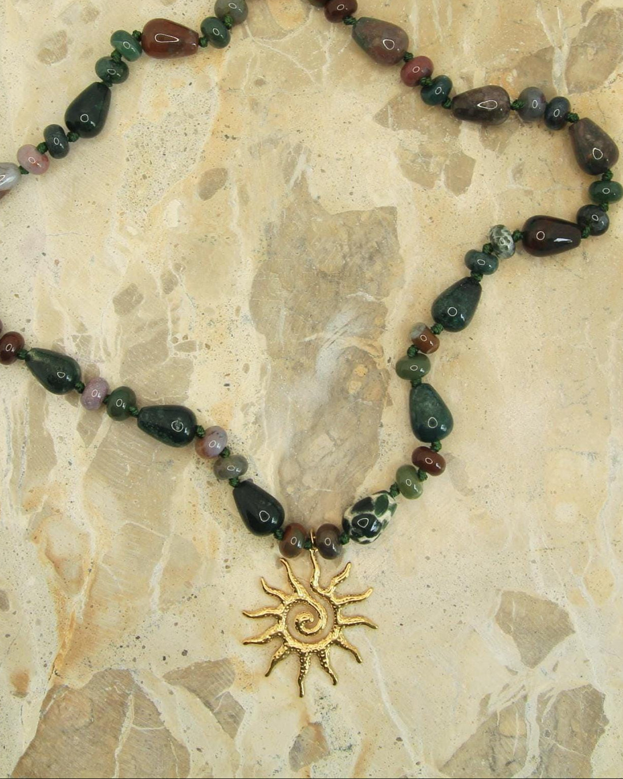 Genuine Gemstone Beaded Necklace | Gold Sun Spiral Pendant | Boho Statement Necklace