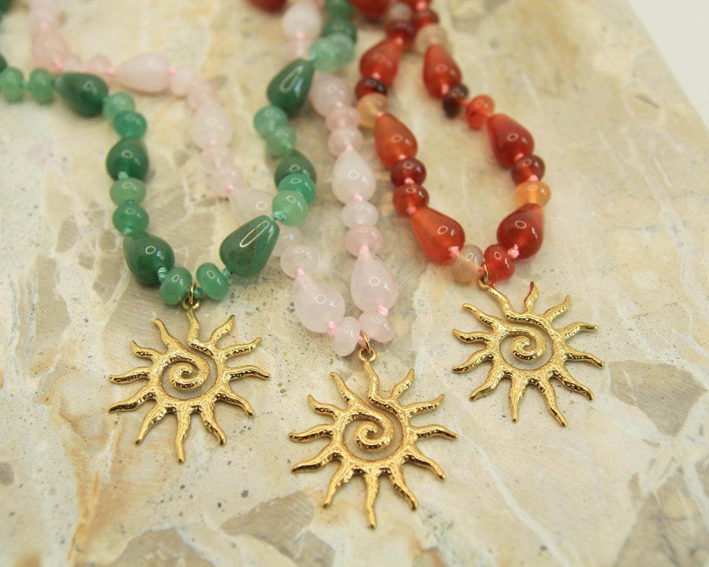Genuine Gemstone Beaded Necklace | Gold Sun Spiral Pendant | Boho Statement Necklace