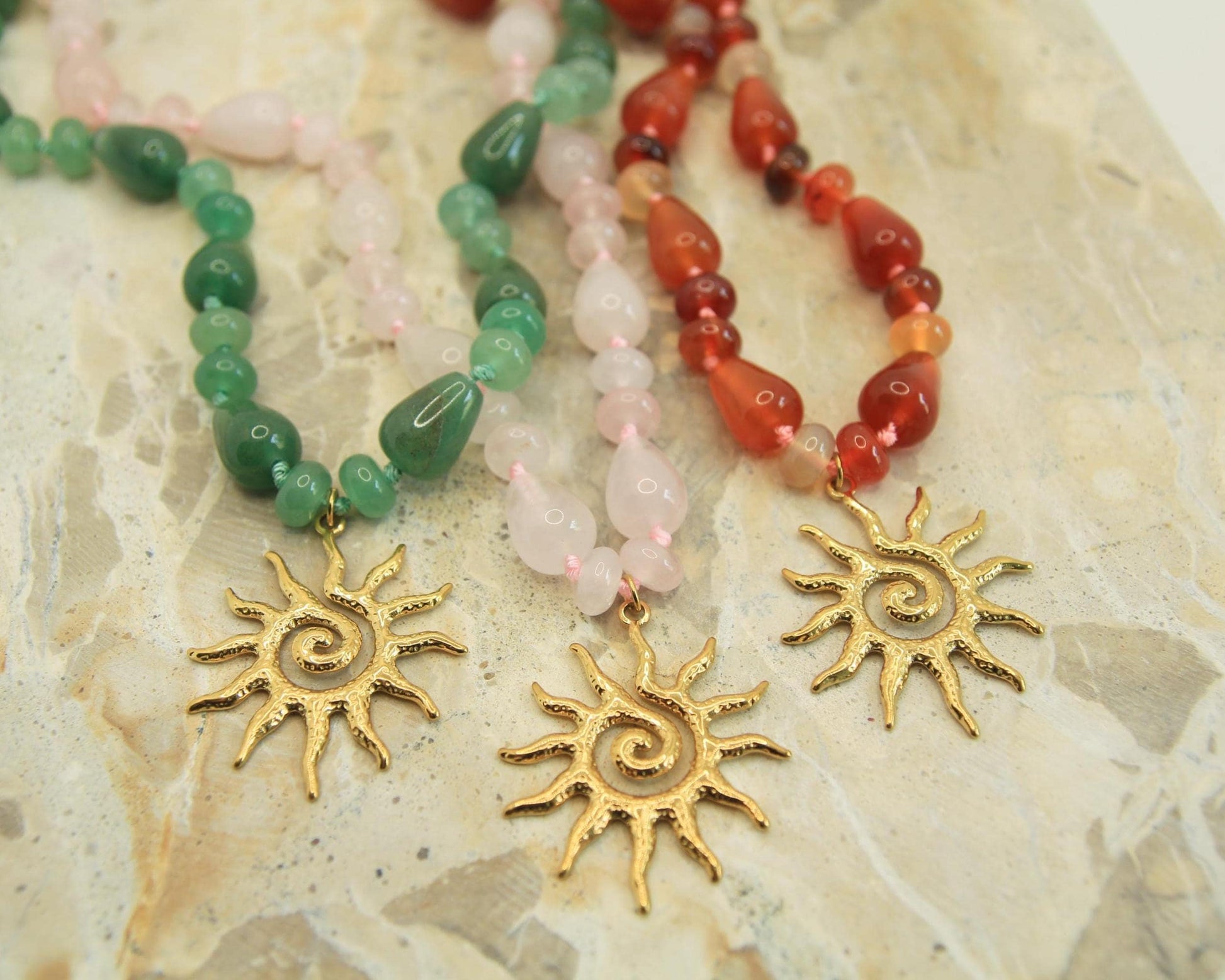 Genuine Gemstone Beaded Necklace | Gold Sun Spiral Pendant | Boho Statement Necklace