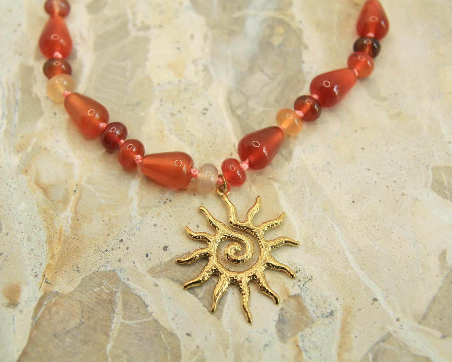 Genuine Gemstone Beaded Necklace | Gold Sun Spiral Pendant | Boho Statement Necklace