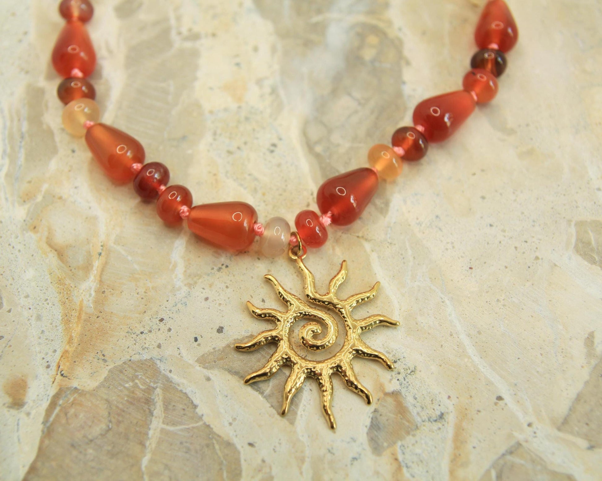 Genuine Gemstone Beaded Necklace | Gold Sun Spiral Pendant | Boho Statement Necklace