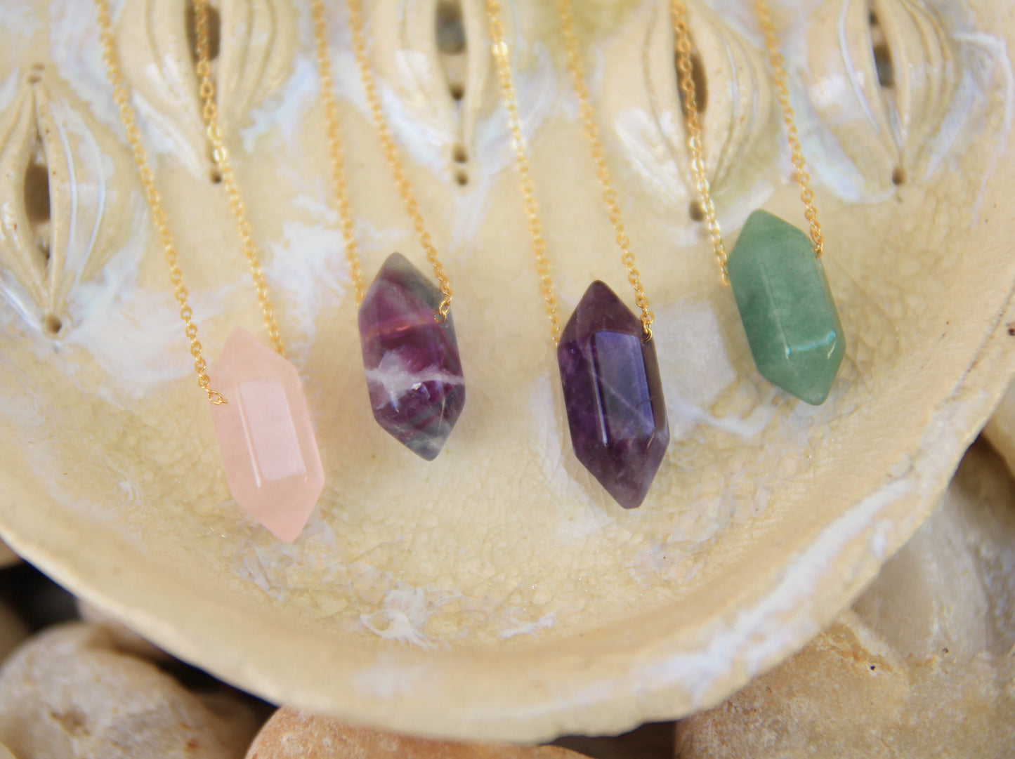 Gold Natural Crystal Necklaces | Rose Quartz, Fluorite, Amethyst, Aventurine