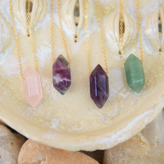 rose quartz, fluorite, amethyst, aventurine crystal point necklaces