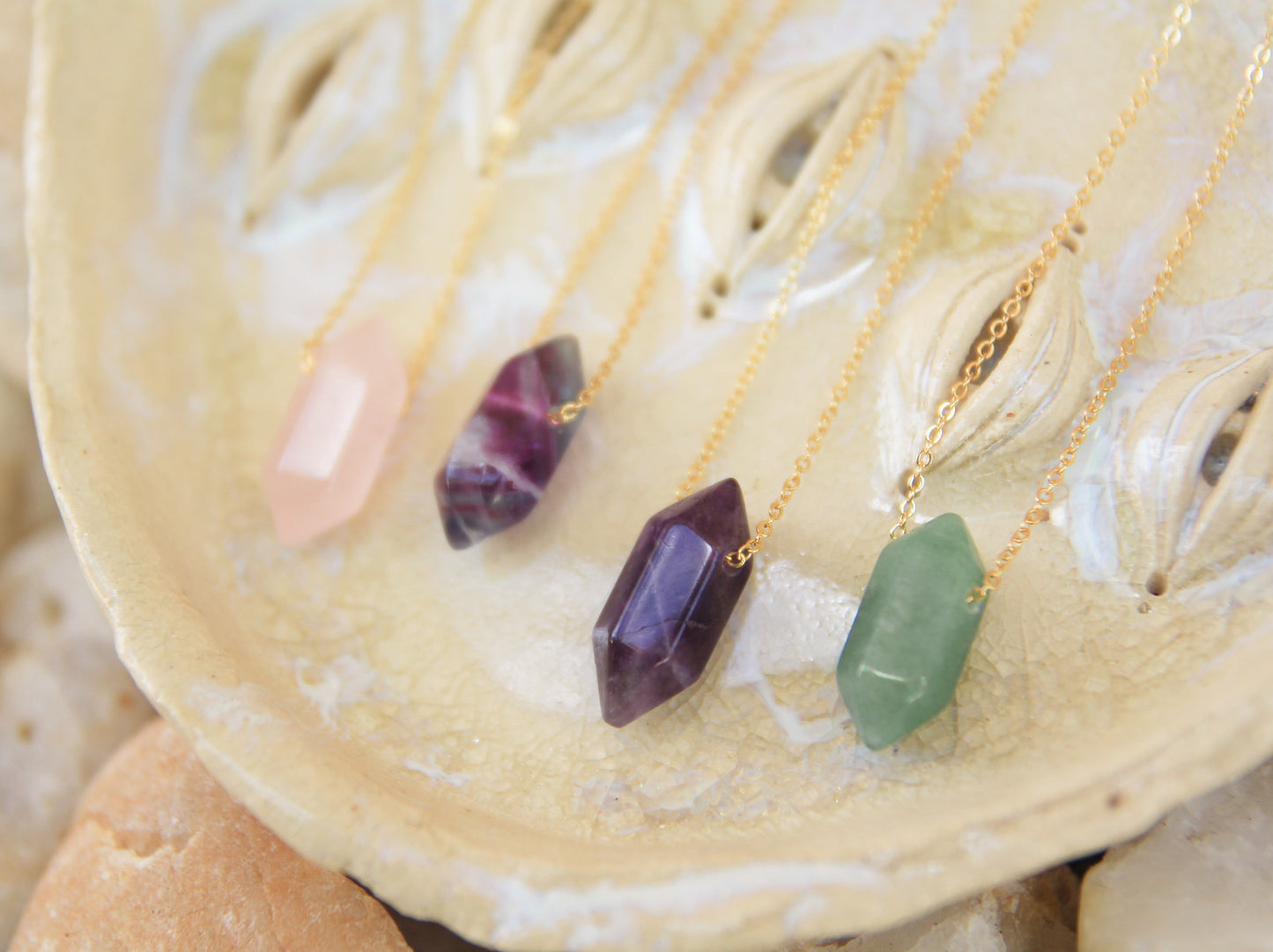 Gold Natural Crystal Necklaces | Rose Quartz, Fluorite, Amethyst, Aventurine