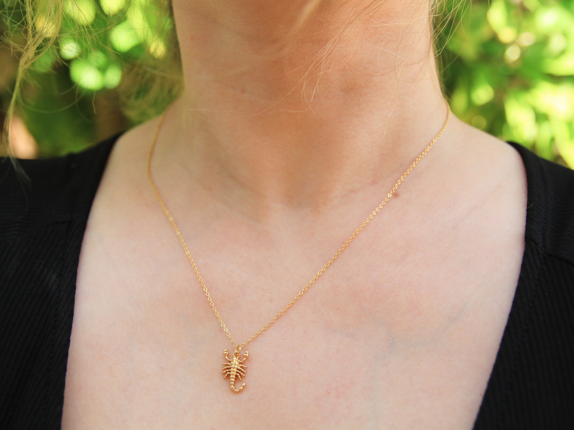 the scorpion necklace being worn 