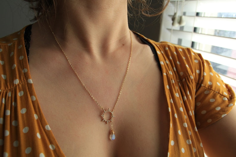 Gold Sun Moonstone Lariat Necklace