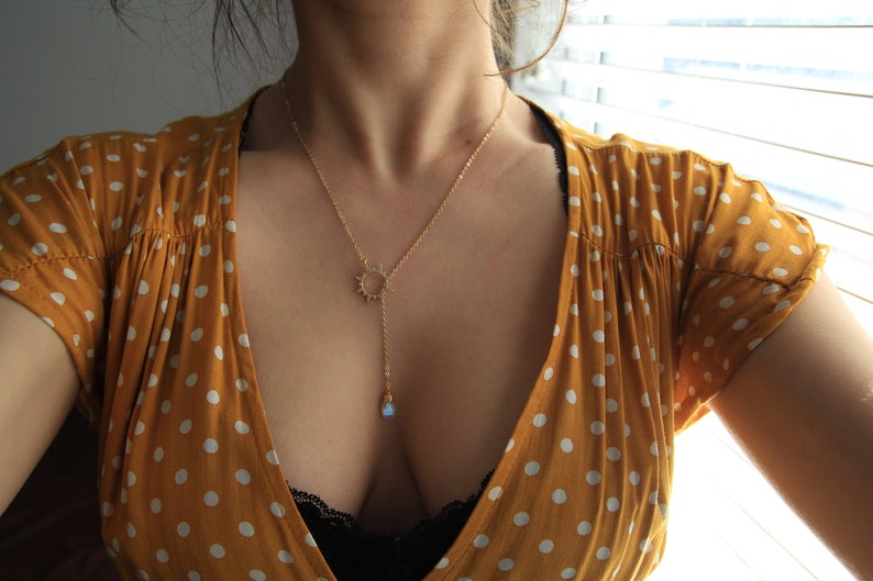 Gold Sun Moonstone Lariat Necklace