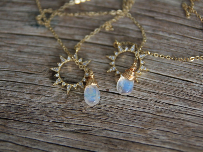 Gold Sun Moonstone Lariat Necklace
