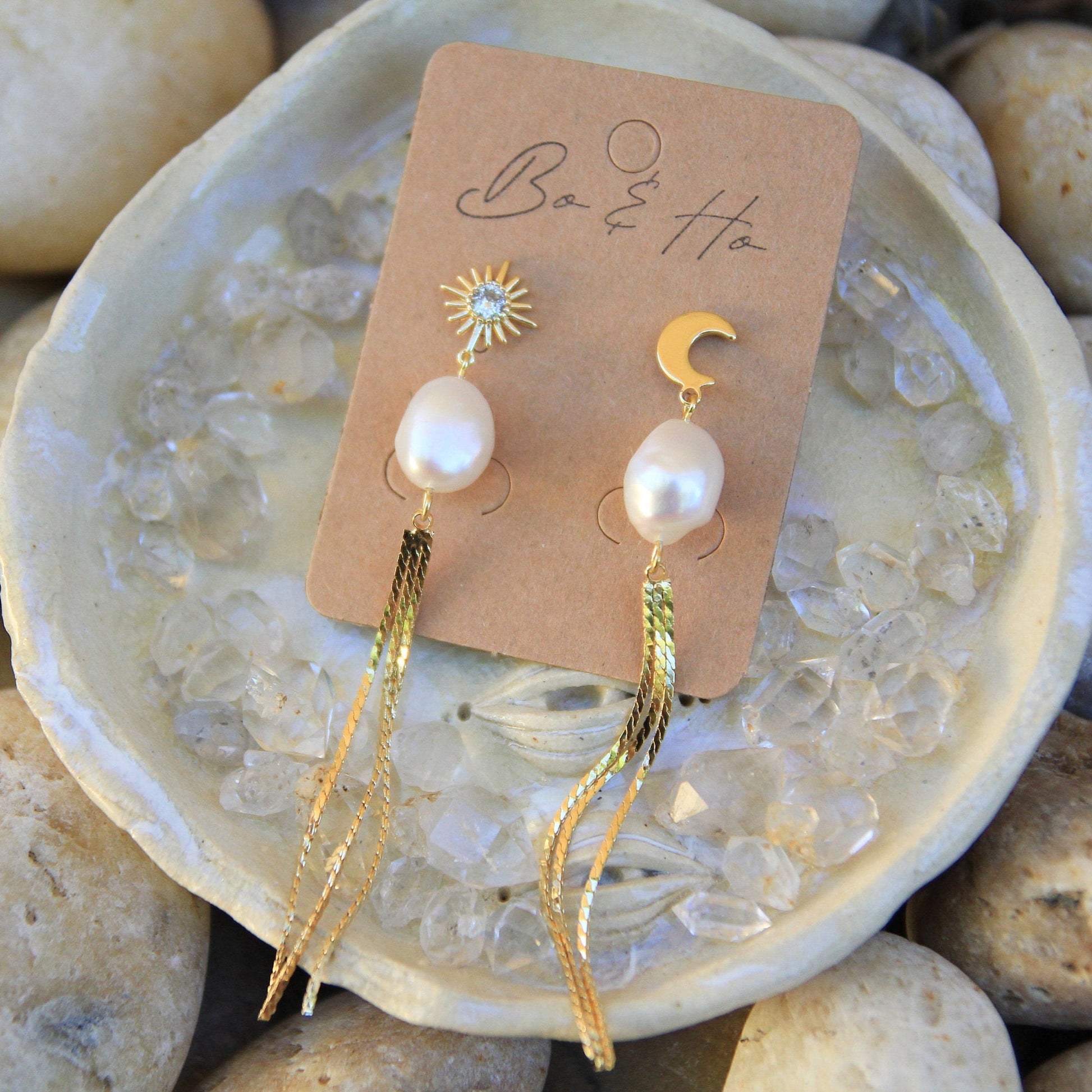Large Freshwater Pearl Sun and Moon Tassel Earrings | Statement Boho Earrings