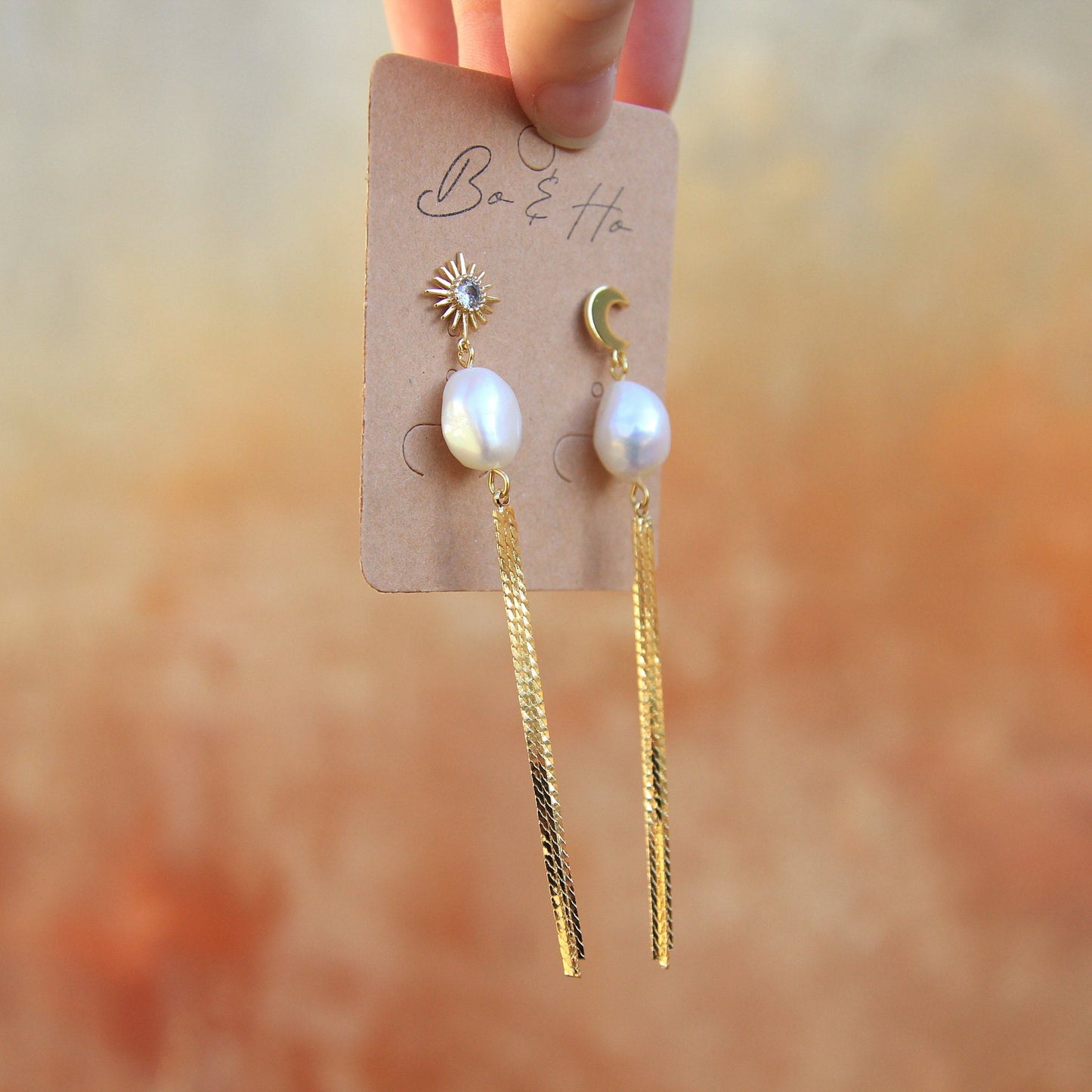 Large Freshwater Pearl Sun and Moon Tassel Earrings | Statement Boho Earrings