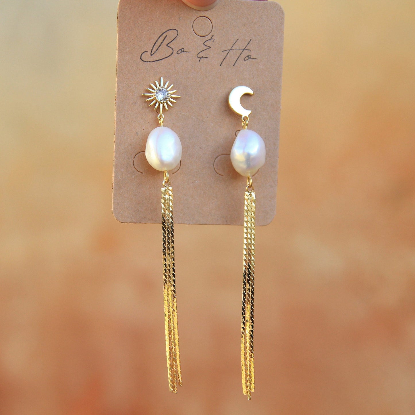 Large Freshwater Pearl Sun and Moon Tassel Earrings | Statement Boho Earrings