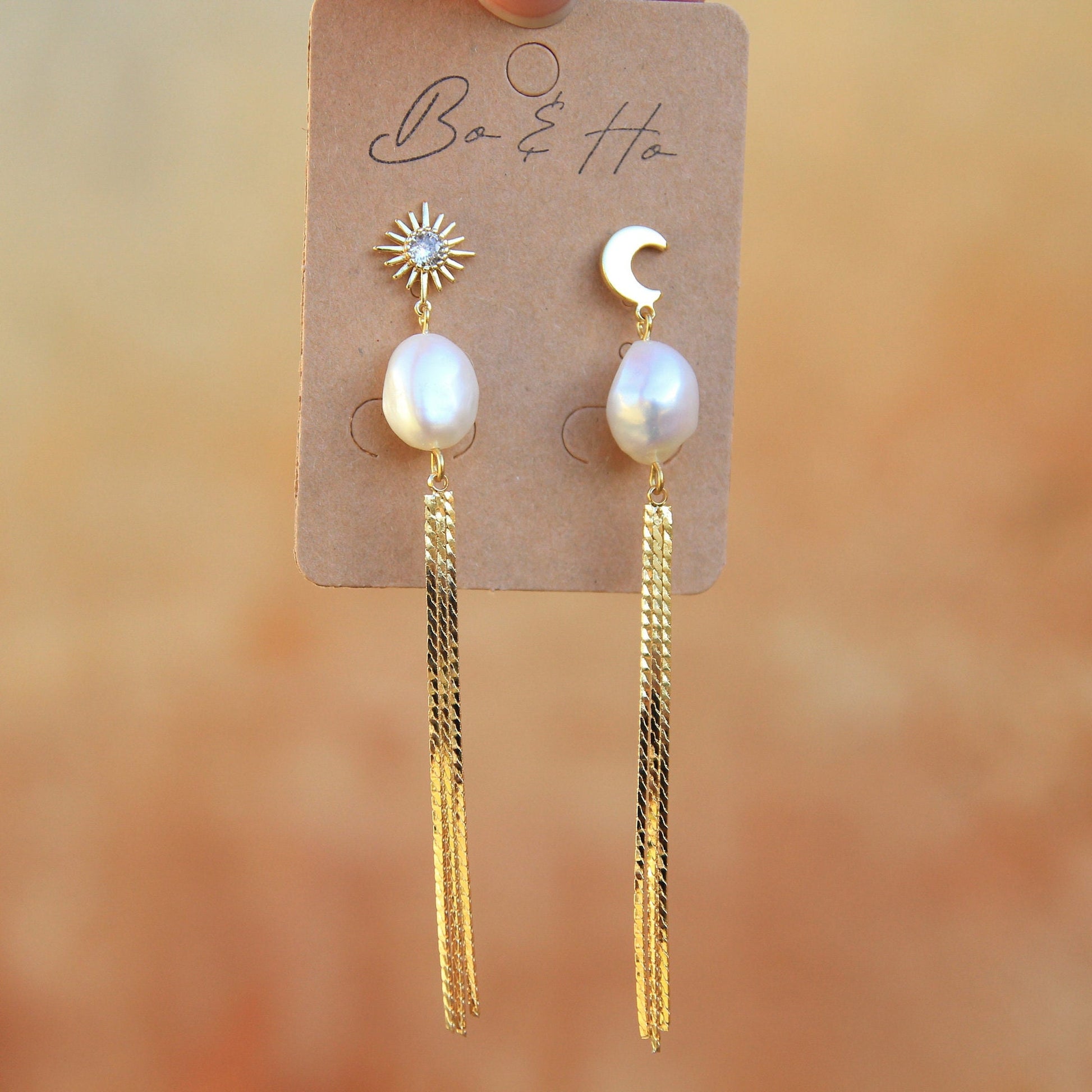 Large Freshwater Pearl Sun and Moon Tassel Earrings | Statement Boho Earrings