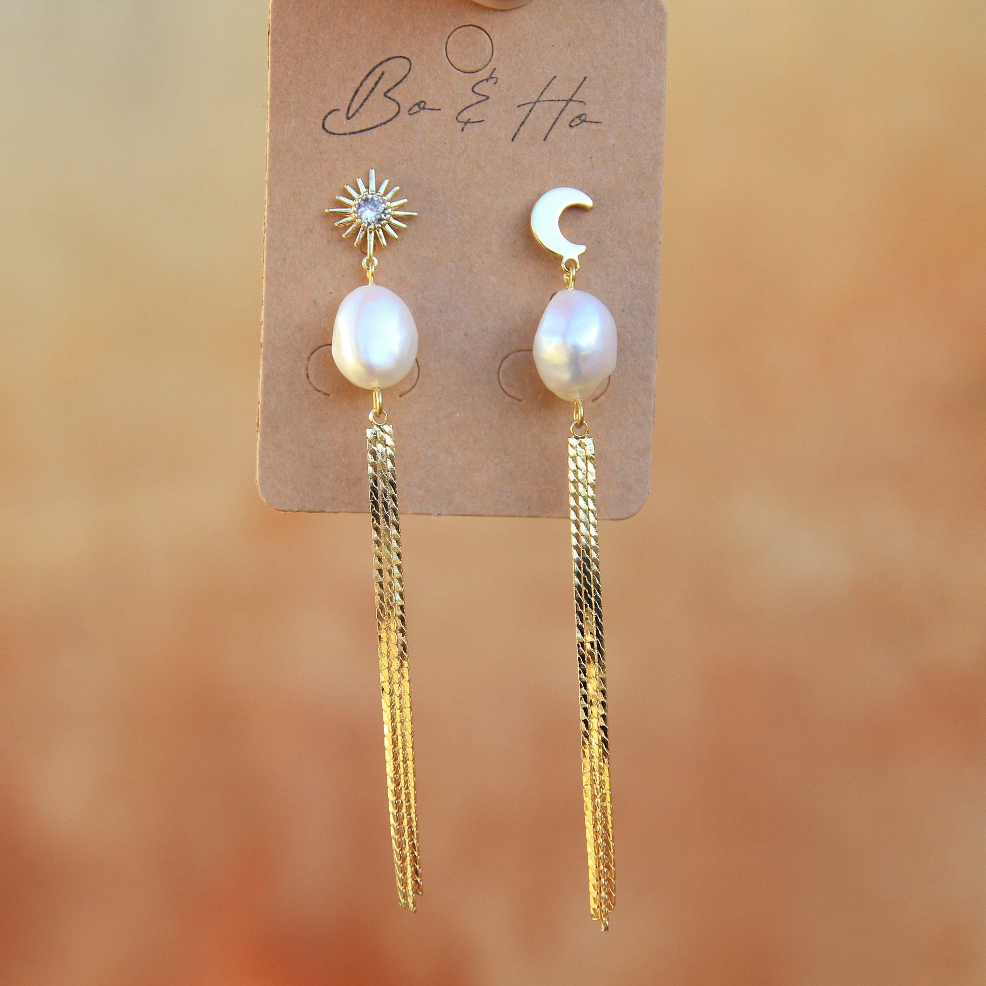 Large Freshwater Pearl Sun and Moon Tassel Earrings | Statement Boho Earrings
