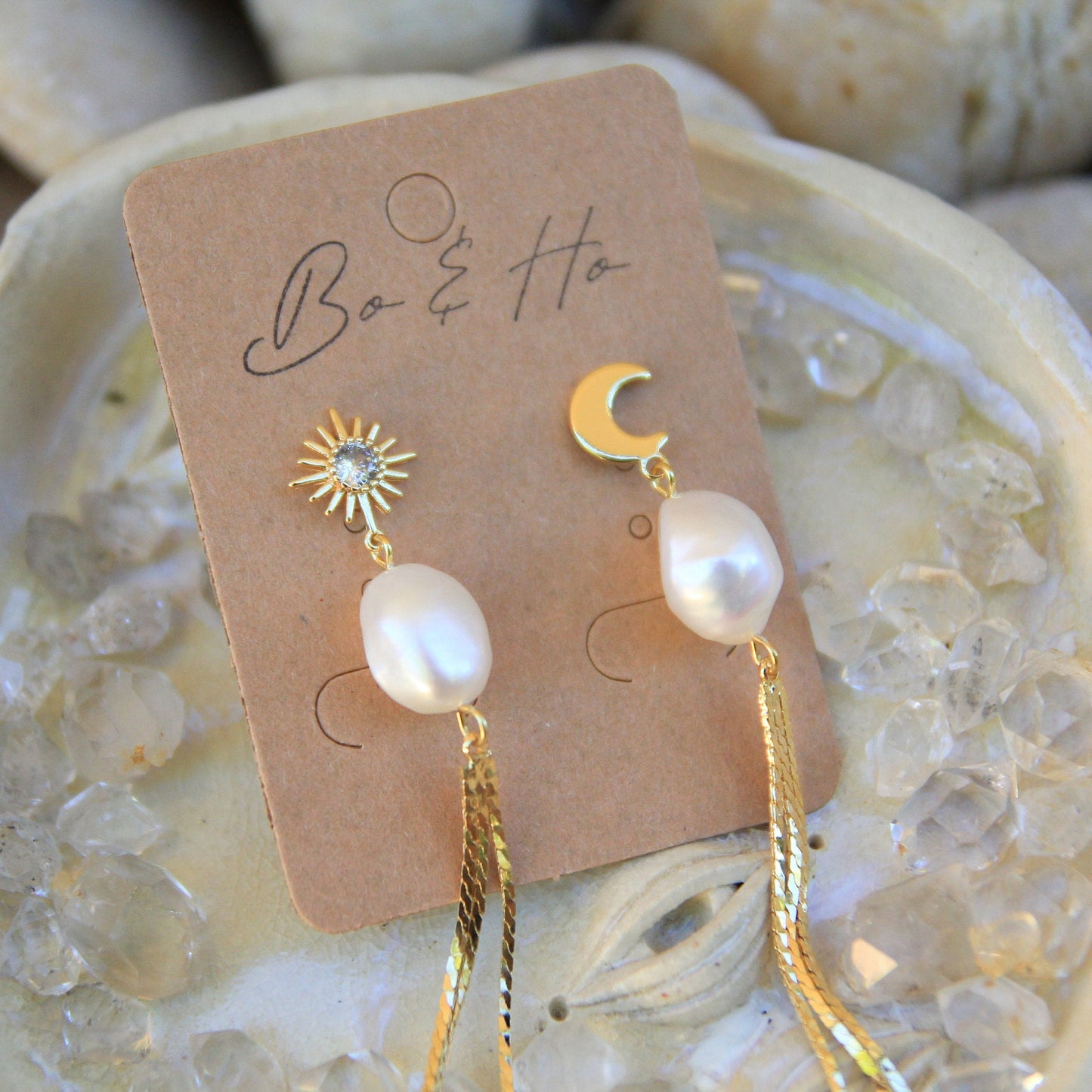 Large Freshwater Pearl Sun and Moon Tassel Earrings | Statement Boho Earrings