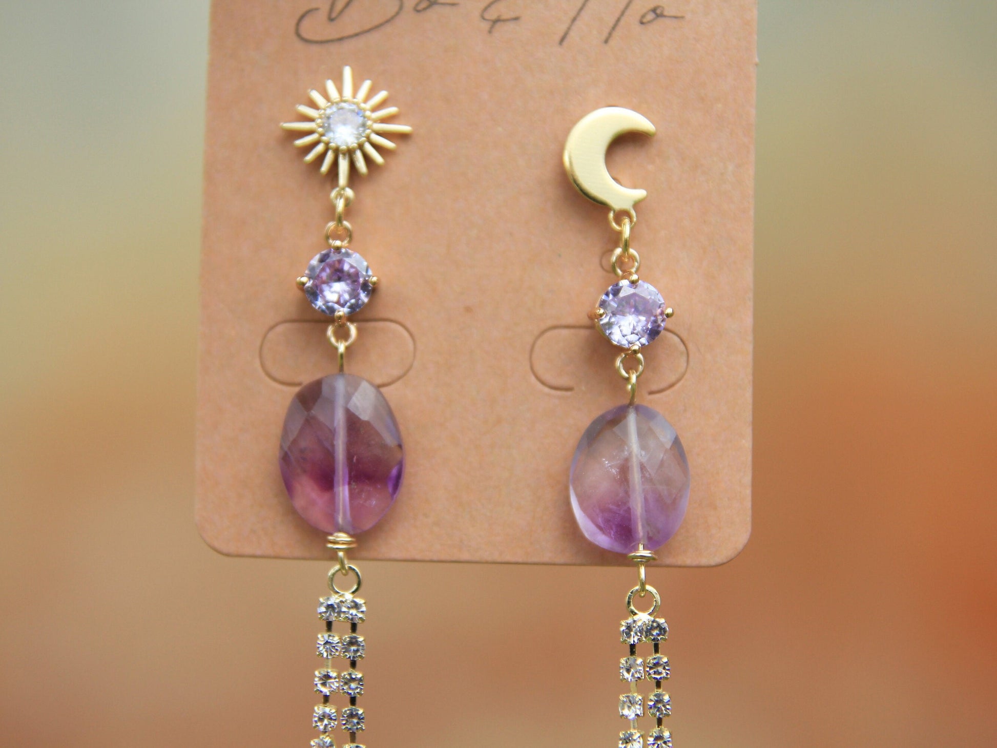 Amethyst Star and Moon Cubic Zirconia Tassel Earrings