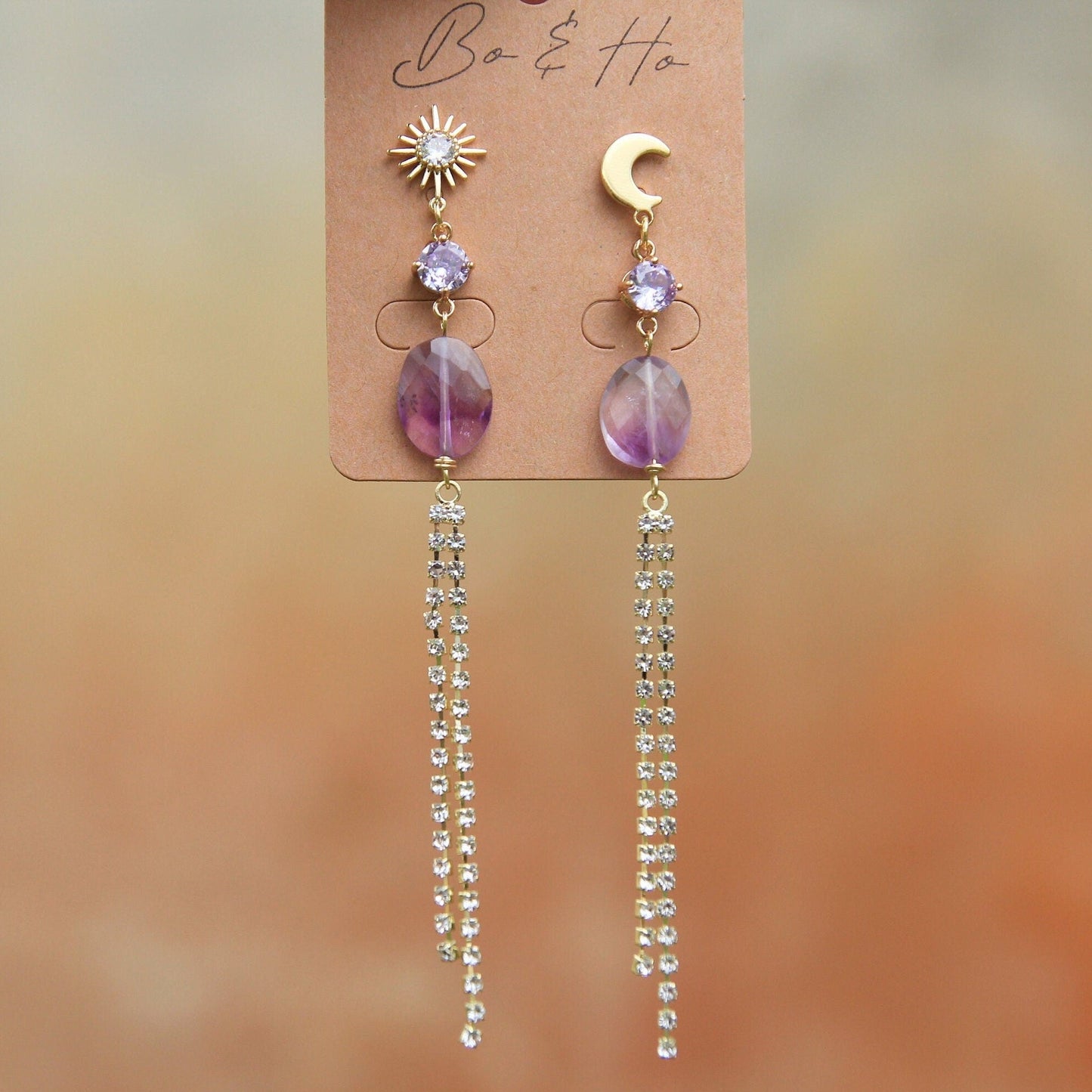 Amethyst Star and Moon Cubic Zirconia Tassel Earrings