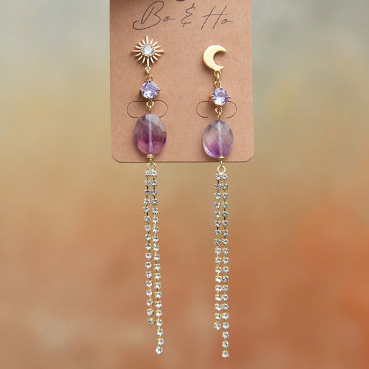 Amethyst Star and Moon Cubic Zirconia Tassel Earrings