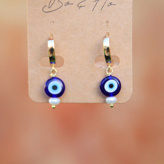 Glass Evil Eye Hoops with Freshwater Pearls