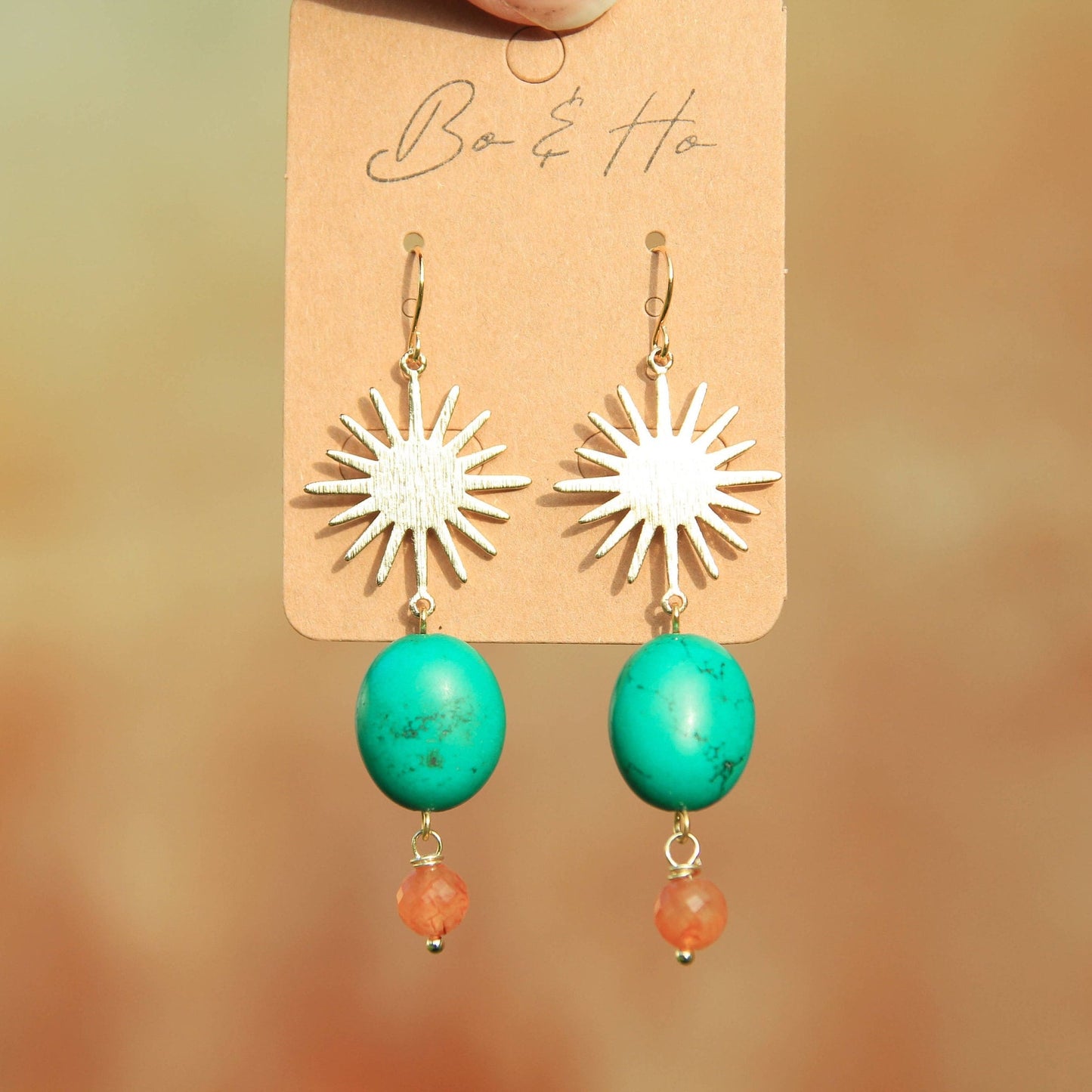 Gold Turquoise and Carnelian Sun Earrings