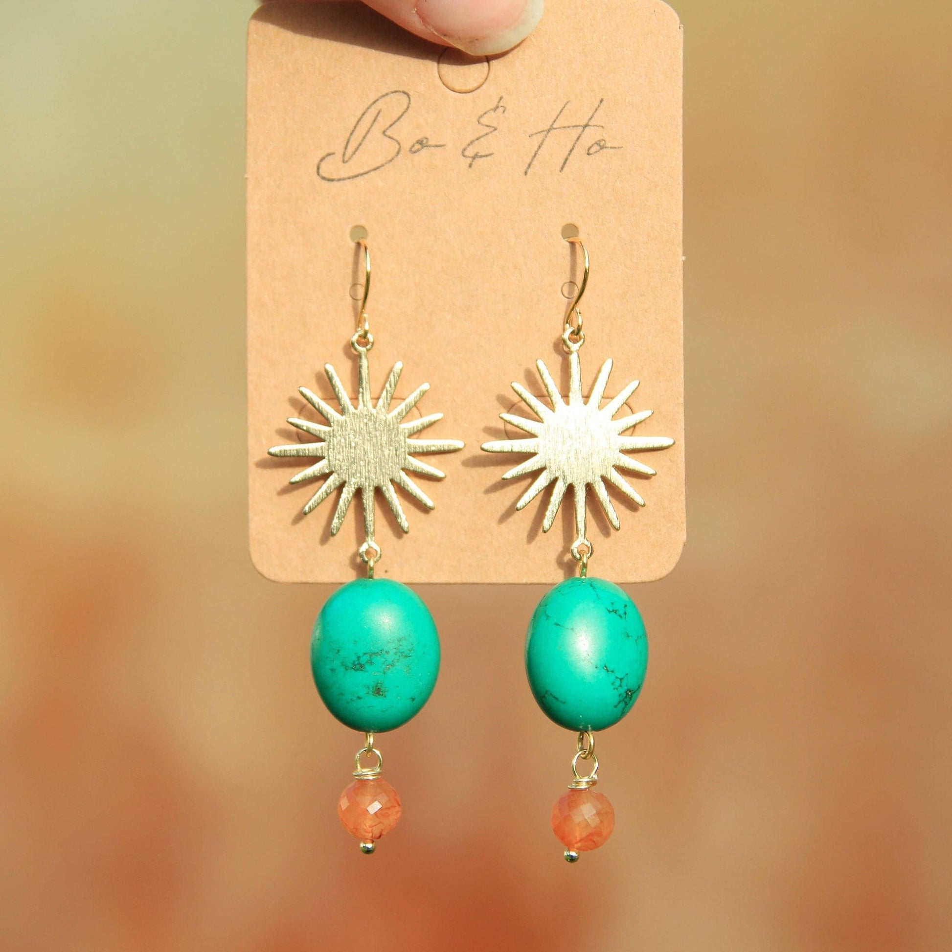 Gold Turquoise and Carnelian Sun Earrings
