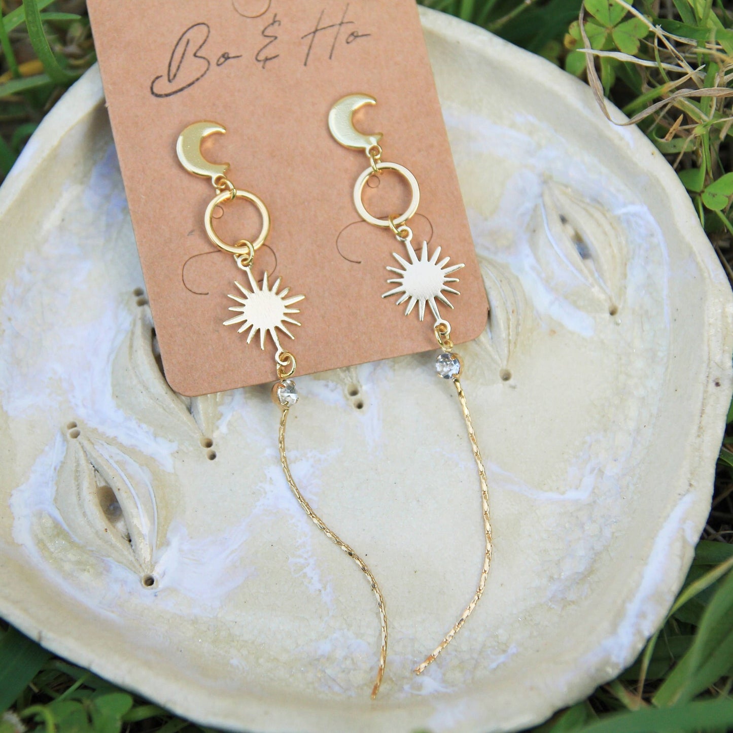 Gold Sun and Moon Dangly Stud Earrings
