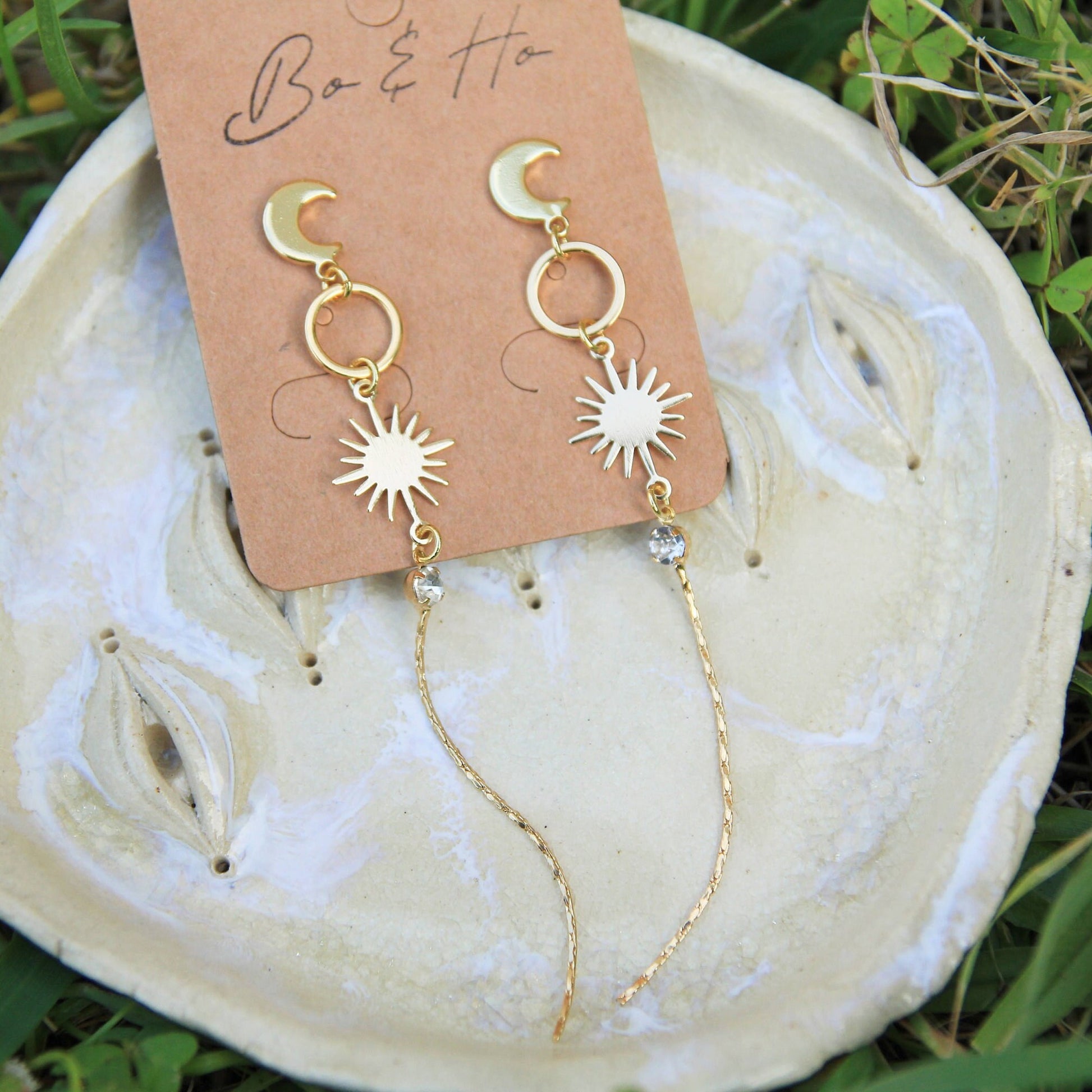 Gold Sun and Moon Dangly Stud Earrings