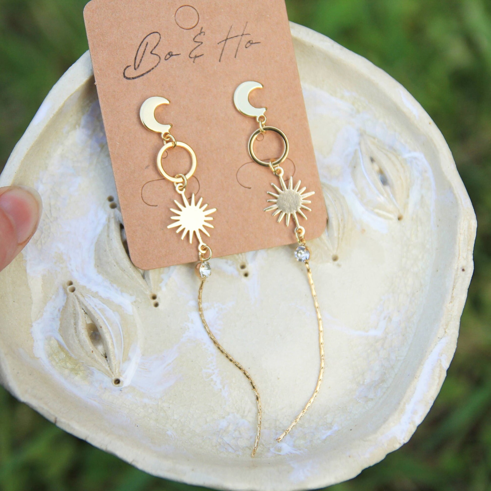 Gold Sun and Moon Dangly Stud Earrings