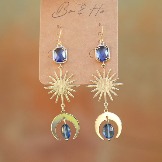 Blue Sun and Moon Statement Earrings