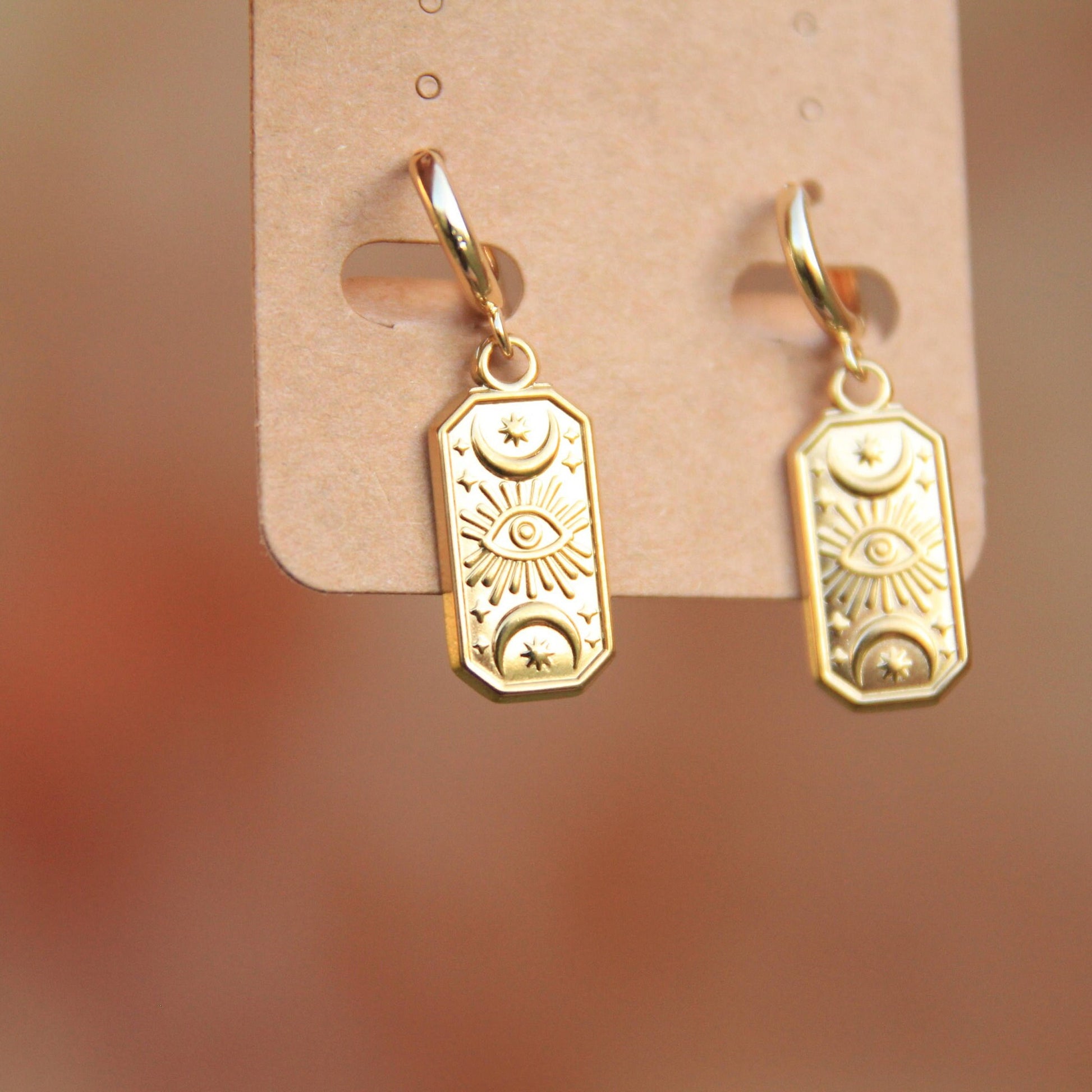 Rectangle Celestial Eye Earrings | Eye, Moon, Star Huggie Earrings
