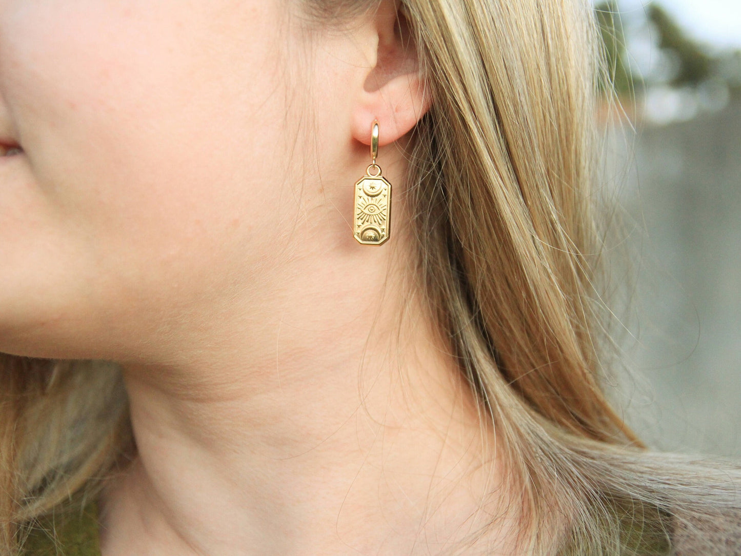Rectangle Celestial Eye Earrings | Eye, Moon, Star Huggie Earrings